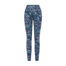 Product-only front view of high-waisted leggings in a dark floral print on a white background.
