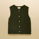 Flat lay of an olive green sleeveless knitted vest with gold buttons, displayed against a warm neutral background.