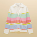Flat lay of a pastel stripe long-sleeve V-neck top.