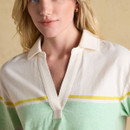 Close-up of the V-neck collar and pastel stripe pattern on a long-sleeve top.