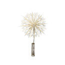 White paper snowflake tree topper with a gold coil base on a white background.