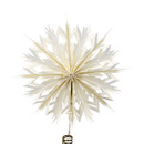 Close-up of the white paper snowflake tree topper with gold base on a white background.