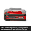 Red and black 18V Li-ion battery labelled "Power X-Change" by Einhell, shown with a transparent duplicate. Text below reads: "PLUS technology: more power per cell with low weight and compact design."