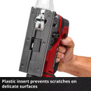 Close-up of a hand holding a red and black power tool with a plastic insert, designed to prevent scratches on delicate surfaces. Energetic, practical tone.