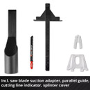 Tool set on a white background: a black suction adapter, red and black saw blade, parallel guide, grey cutting line indicator, and clear splinter cover.