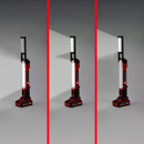 Three red and black LED work lights positioned vertically, each displaying different brightness levels. The background is grey, highlighting their features.