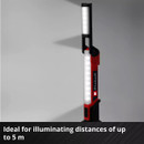 LED work light with a red casing, casting a bright, angled beam against a gray background. Text reads, “Ideal for illuminating distances of up to 5 m.”