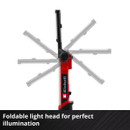 Red and black foldable light with adjustable head shown in multiple positions, demonstrating flexibility. Text reads, "Foldable light head for perfect illumination."