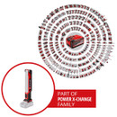 Circular layout of numerous red and black power tools centered around a battery. Inset shows a single tool with "Part of Power X-Change Family" text.