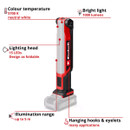 A rectangular LED work light with a folding head, 5700K colour temperature, and 1000 lumens brightness. Features include hanging hooks, eyelets, and a 5m range.
