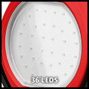 Close-up of a red LED light panel with 36 small LEDs arranged in a grid pattern against a white background. Bold text at the bottom reads "36 LEDs."