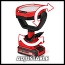 Red and black adjustable work light with pivoting head, labelled "Einhell." Arrows indicate movement direction. Bold text "ADJUSTABLE" at the bottom.