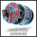 Exploded view of a brushless motor with glowing blue outlines, showing detailed internal components and circuits. Text reads "PUREPOWER BRUSHLESS."
