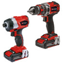 Two red and black power tools: a cordless drill and an impact driver with ergonomic grips and metal clips, set against a plain white background.