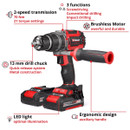 A red and black cordless drill with features labelled: 2-speed transmission, 13mm drill chuck, brushless motor, LED light, and ergonomic handle. It offers screwdriving, drilling, and impact drilling.