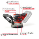 Red and black cordless sander with labeled features: brushless motor, dust extraction, speed control, large oscillating motion, and grinding disc.