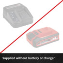 Image of a power tool battery and charger with a diagonal red line. Below, text reads "Supplied without battery or charger" on a black background.
