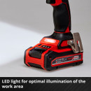 A red and black cordless power tool with an LED light is shown, highlighting its battery and ergonomic handle. Text reads, "LED light for optimal illumination."