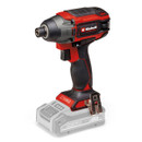 A red and black cordless impact driver with a visible grip and metallic drill head, showcasing a robust, professional design against a white background.
