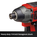 Close-up of a red and black power drill featuring a heavy-duty 1/4-inch hexagonal chuck, showcasing its durable and robust design.