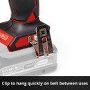 Close-up of a red and black power tool featuring a metal belt clip for easy storage. Text at the bottom reads, "Clip to hang quickly on belt between uses."