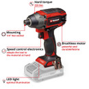 Red and black power tool with features labelled: hard torque 220 Nm, 1/4" hex socket, speed control, brushless motor, and LED light for optimal use.