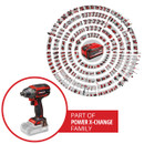 A cordless impact driver with a battery is highlighted. Surrounding it are concentric circles displaying various power tools. Text reads "Part of Power X-Change Family."