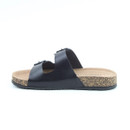 A side view of a Heavenly Feet black two buckle sandal on a white background