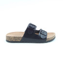 A side view of a Heavenly Feet black two buckle sandal on a white background