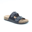 A front view of a Heavenly Feet black two buckle sandal on a white background