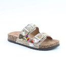 Beige slip-on sandal with a cork footbed and two buckle straps decorated with sequins, beads, and rhinestones, on a white background.