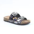 A front view of a Heavenly Feet black embellished two strap sandal on a white background