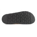 A bottom view of a Heavenly Feet black embellished two strap sandal on a white background