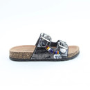 A side view of a Heavenly Feet black embellished two strap sandal on a white background
