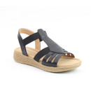 A front view of a strappy black sandal on a white background