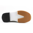 A bottom view of a navy platform trainer on a white background