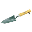 Wood-handled garden trowel with a green metal blade, featuring a textured finish. The handle has a loop for hanging and displays a logo.