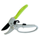 A pair of pruning shears with a silver metal body and a bright green handle. The black cutting blade is open, showcasing its shape and purpose.