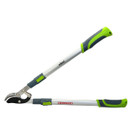 Telescopic lopper with silver metal arms and green accents on handles and joints. The tool features a sharp cutting blade for pruning.