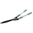 Silver garden hedge shears with green grips and a black blade, showing a sturdy, modern design. The shears are positioned against a white background.
