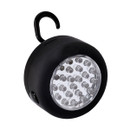 A round, portable black LED light with a clear face showing multiple small bulbs. It features a hook on top for hanging, conveying practicality and simplicity.