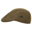 Side profile of the Ridgeline Monarch flat cap in Moody Teak, showing the stitched panels and small metal brand tab.