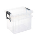 Clear plastic storage box with a secure-fitting lid and black clip handles, shown empty against a white background.