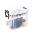 Clear storage box with black clip handles holding gardening pots and gloves, displayed on a white background.