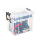 Clear storage box with black clip handles filled with assorted tools and equipment, shown on a white background.