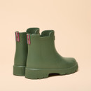 Rear view of khaki-green ankle rain boots featuring multicoloured striped pull tabs with a small brass button detail.