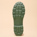 Bottom view of a khaki-green rain boot showing the textured, heavy-duty outsole with deep tread patterns.