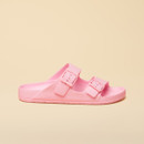 Side profile of a light pink double-strap sandal with adjustable buckles and the Joules logo embossed on the side.