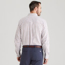 Back view of men’s white Sedgebrook check shirt with brown and navy grid pattern, showing rear yoke and pleat detail.