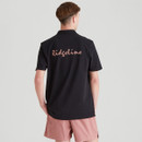 Rear view of a black polo shirt featuring large Ridgeline branding across the back, worn by a man with pink shorts.